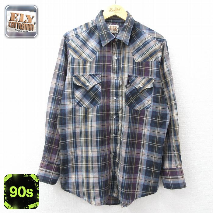 【20%OFF】ELY 90s 長袖ウエスタンシャツ ネイビーチェック メンズXL相当 | 古着