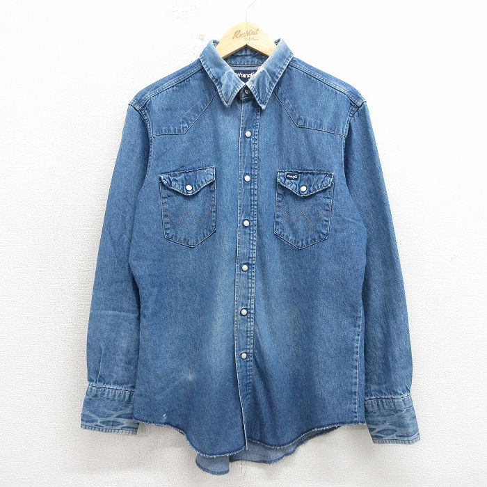L★古着 ラングラー 長袖 ウエスタン シャツ メンズ 90年代 90s コットン USA製 紺 デニム【spe】 26apr24