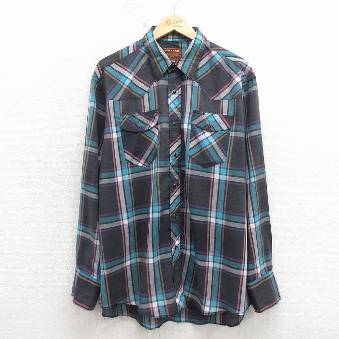 XL★古着 ラスラー 長袖 ウエスタン シャツ メンズ 90年代 90s 黒他 チェック 26apr24