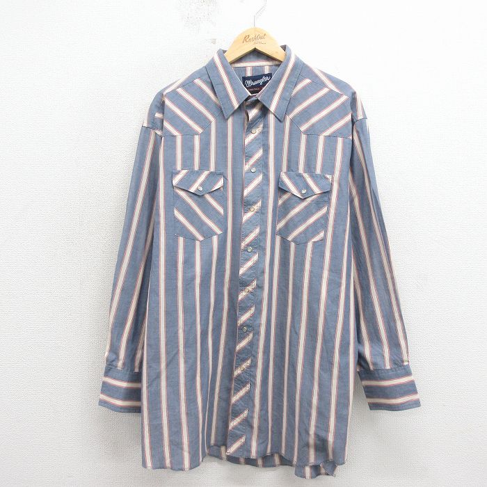 XL★古着 ラングラー 長袖 ウエスタン シャツ メンズ 大きいサイズ ロング丈 薄紺 ストライプ 26apr24