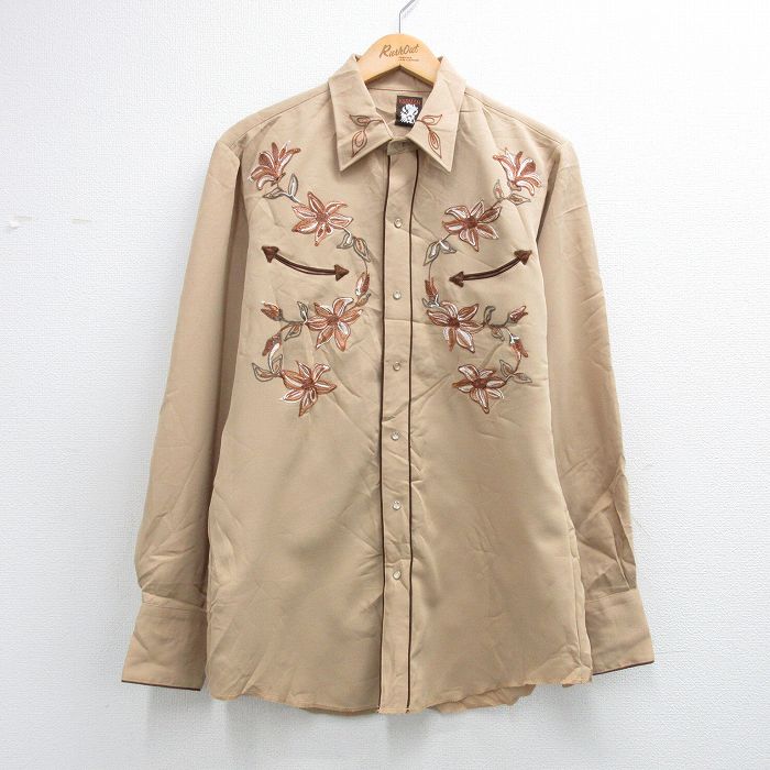 M★古着 KARMAN 長袖 ウエスタン シャツ メンズ 90年代 90s 花 刺繍 ベージュ他【spe】 26may08