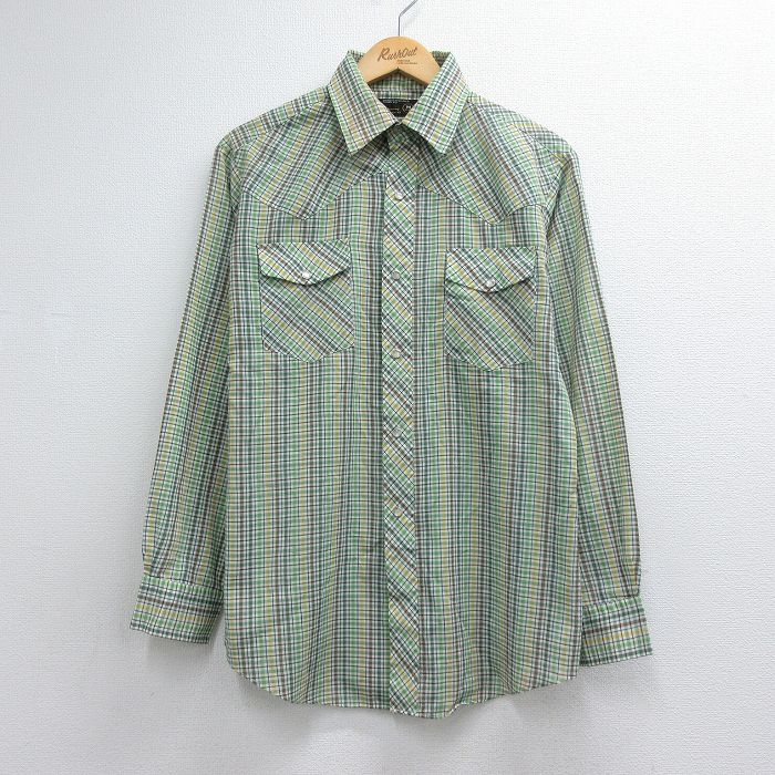 70s 長袖ウエスタンシャツ チェック グリーン メンズM相当 | 古着