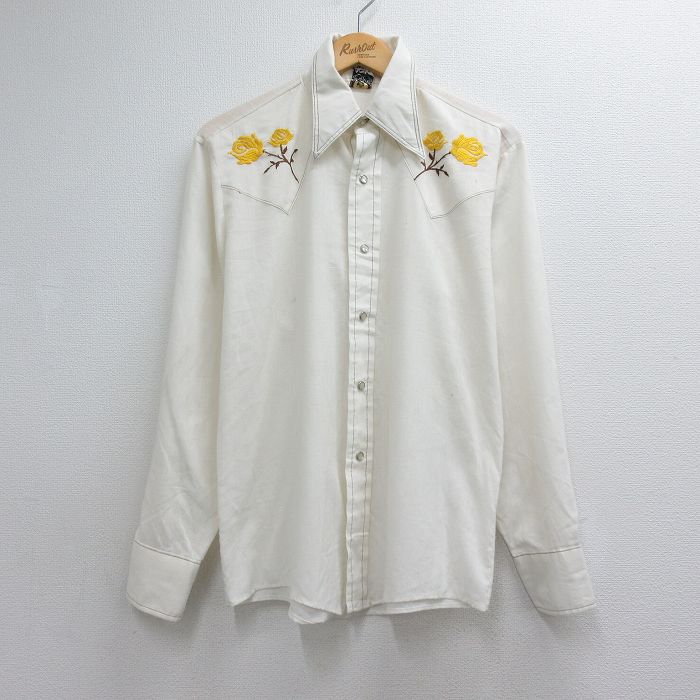 70s ウエスタンシャツ 花刺繍 ホワイト メンズL相当 | 古着