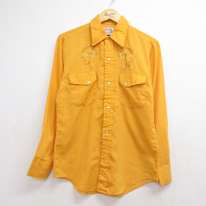 80s 長袖ウエスタンシャツ 馬刺繍 イエロー メンズS相当 | 古着