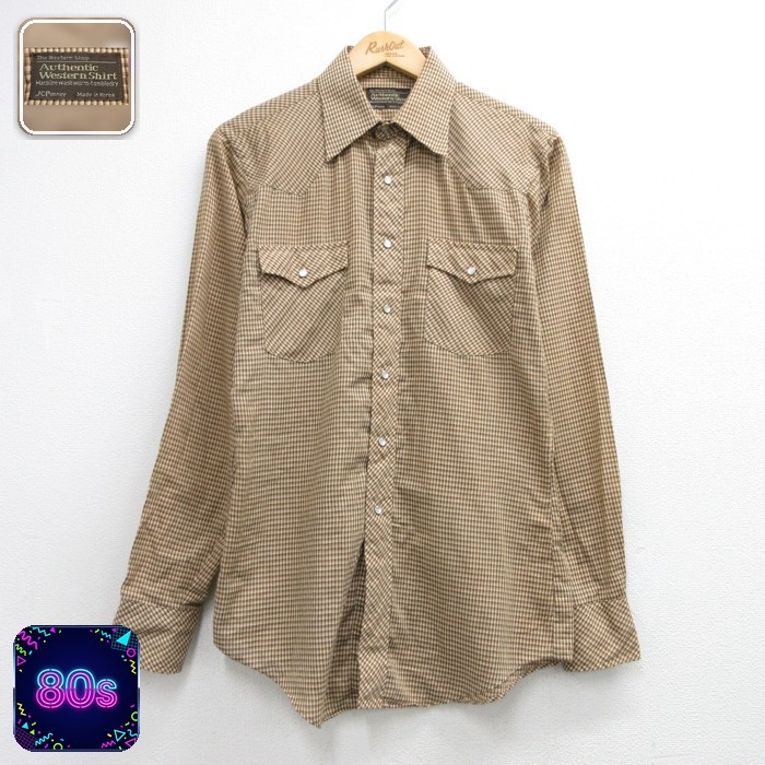 JCPenney 80s 長袖ウエスタンシャツ スナップボタン ブラウンチェック メンズS相当 | 古着