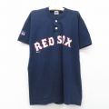 古着 ラッセル 半袖 ビンテージ Tシャツ キッズ ボーイズ 子供服 90年代 90s MLB ボストンレッドソックス ヘンリーネック 紺 ネイビー メジャーリーグ ベースボール 野球 25jun05