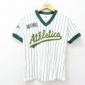 古着 マジェスティック 半袖 ビンテージ Tシャツ キッズ ボーイズ 子供服 00年代 00s MLB オークランドアスレチックス Vネック 白他 ホワイト ストライプ メジャーリーグ ベースボール 野球 25aug04