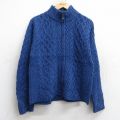 古着 長袖 ケーブル フルジップ ニット カーディガン レディース 90年代 90s メリノウール アイルランド製 紺他 26jan16