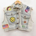 古着 ノースリーブ デニム ジャケット レディース スマイル 星条旗 ワッペン コットン 薄紺 デニム26feb03