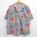 古着 半袖 シャツ レディース 80年代 80s 総柄 大きいサイズ 開襟 オープンカラー  USA製 ネイビー他 26may15