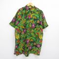 古着 半袖 ハワイアン シャツ レディース 80年代 80s ハイビスカス 鳥 大きいサイズ ロング丈 グリーン 26may15