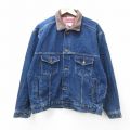 XL★古着 マルボロ 長袖 ジージャン メンズ 90年代 90s 襟レザー コットン 濃紺 ネイビー デニム他 25nov05 中古 アウター Gジャン デニム ジャケット