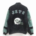 XL★古着 長袖 スエード レザー ジャケット メンズ NFL ニューヨークジェッツ ツートンカラー 黒 内側キルティング アメフト スーパーボウル【spe】 26jan09