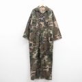 W42★古着 長袖 ハンティング ベイカー ツナギ メンズ 90年代 90s 大きいサイズ ウッドランドカモ コットン 開襟 オープンカラー 緑 迷彩【spe】 26mar13