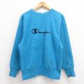 L★古着 長袖 チャンピオン Champion リバースウィーブ メンズ 90年代 90s ビッグロゴ 刺繍 クルーネック USA製 青 ブルー 25aug13 中古 スウェット スエット トレーナー トップス