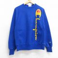 S★古着 長袖 チャンピオン Champion リバースウィーブ メンズ ビッグロゴ フロッキープリント クルーネック 青 25dec10