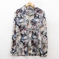 L★古着 長袖 シャツ メンズ 70年代 70s 総柄 開襟 オープンカラー ベージュ他 26feb07