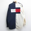 XL★古着 トミーヒルフィガー 長袖 ブランド シャツ メンズ 90年代 90s ビッグロゴ イカリ ツートンカラー 大きいサイズ ロング丈 コットン ボタンダウン 紺他【spe】 25nov19