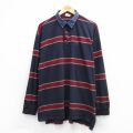 XL★古着 ラコステ LACOSTE 長袖 ブランド ポロ シャツ メンズ ワンポイントロゴ 濃紺他 ストライプ 26mar09