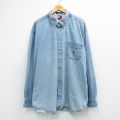 XL★古着 トミーヒルフィガー 長袖 ブランド シャツ メンズ 90年代 90s ワンポイントロゴ 大きいサイズ ロング丈 コットン ボタンダウン 紺 デニム 26mar11