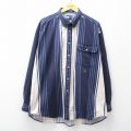 XL★古着 トミーヒルフィガー 長袖 ブランド シャツ メンズ 90年代 90s ワンポイントロゴ 大きいサイズ ロング丈 コットン ボタンダウン 紺他 ストライプ【spe】 26apr01