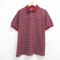 XL★古着 ラルフローレン チャップス 半袖 ブランド ポロ シャツ メンズ 90年代 90s ワンポイントロゴ ヘリンボーン コットン バーガンディ ボーダー 26jun04