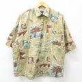 XL★古着 バンヒューセン 半袖 ハワイアン シャツ メンズ 90年代 90s ヤシの木 花 総柄 リネン ベージュ カーキ 25jun10 中古 アロハ トップス