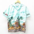 L★古着 半袖 ハワイアン シャツ メンズ 90年代 90s バイク ヤシの木 コットン 開襟 オープンカラー ハワイ製 水色他 25jun10 中古 アロハ トップス