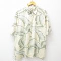 XL★古着 半袖 ハワイアン シャツ メンズ 葉 総柄 大きいサイズ ロング丈 シルク 薄ベージュ カーキ 25jun10 中古 アロハ トップス