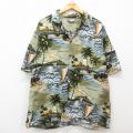 XL★古着 半袖 ハワイアン シャツ メンズ 90年代 90s ヤシの木 ヨット 海 大きいサイズ コットン 開襟 オープンカラー USA製 薄緑他 グリーン 25jun10 中古 アロハ トップス