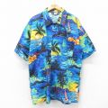 XL★古着 半袖 ハワイアン シャツ メンズ 90年代 90s ヤシの木 ハイビスカス ヨット ロング丈 コットン USA製 紺他 ネイビー 25jun19 中古 アロハ トップス