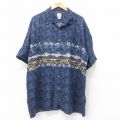 XL★古着 半袖 ハワイアン シャツ メンズ ハイビスカス ヤシの木 大きいサイズ ロング丈 レーヨン 開襟 オープンカラー 紺他 ネイビー 25jun19 中古 アロハ トップス