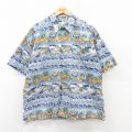 XL★古着 ピエールカルダン pierre cardin 半袖 ブランド ハワイアン シャツ メンズ 90年代 90s ハイビスカス フルーツ 大きいサイズ コットン 薄紺他 ネイビー 25jun24 中古 アロハ トップス