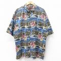 XL★古着 半袖 ハワイアン シャツ メンズ ハイビスカス 魚 大きいサイズ コットン 紺他 ネイビー 25jun26 中古 アロハ トップス