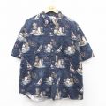 XL★古着 半袖 ハワイアン シャツ メンズ 90年代 90s ヨット 総柄 大きいサイズ コットン ボタンダウン 紺他 ネイビー 25aug06 中古 アロハ トップス