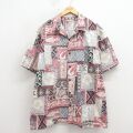 XL★古着 半袖 ハワイアン シャツ メンズ 00年代 00s ハイビスカス他 大きいサイズ ロング丈 コットン 開襟 オープンカラー ハワイ製 エンジ系他 26apr25