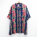 90s 半袖シャツ ハイビスカス ネイビー XL | 古着
