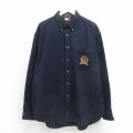 XL★古着 トミーヒルフィガー 長袖 ブランド ウール シャツ メンズ 90年代 90s ワンポイントロゴ 大きいサイズ ロング丈 ボタンダウン 濃紺 26jan08