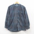 M★古着 長袖 フランネル シャツ メンズ 00年代 00s コットン ノーカラー 紺他 チェック 26feb12