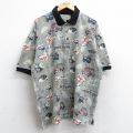 XL★古着 半袖 ポロ シャツ メンズ 車 ハイビスカス 総柄 大きいサイズ コットン 濃緑系 グリーン 【spe】 25aug22 中古 トップス