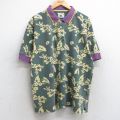 XL★古着 半袖 ポロ シャツ メンズ 00年代 00s ハイビスカス 総柄 鹿の子 大きいサイズ コットン 緑他 グリーン 25sep11 中古 トップス