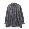 XL★古着 長袖 シャツ メンズ ペイズリー柄 大きいサイズ ロング丈 コットン ボタンダウン 紺他 ネイビー 25jul05 中古 トップス