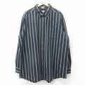 XL★古着 長袖 シャツ メンズ 大きいサイズ ロング丈 ボタンダウン 緑他 グリーン ストライプ 25sep12 中古 トップス