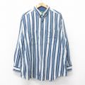 XL★古着 長袖 シャツ メンズ 90年代 90s 大きいサイズ ロング丈 コットン ボタンダウン 紺他 ネイビー ストライプ 25sep12 中古 トップス