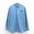 XL★古着 長袖 シャツ メンズ 車 ロング丈 コットン ボタンダウン 紺 ネイビー デニム 25oct29 中古 トップス