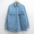 XL★古着 長袖 シャツ メンズ ロング丈 コットン 薄紺 デニム 内側フリース 25nov15