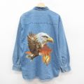 XL★古着 長袖 シャツ メンズ 90年代 90s 鳥 コットン ボタンダウン 紺 デニム 25dec10
