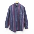 L★古着 長袖 シャツ メンズ コットン ボタンダウン 紺他 ストライプ 25dec15