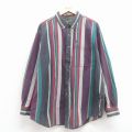 XL★古着 長袖 シャツ メンズ 90年代 90s ワンポイントロゴ ロング丈 コットン ボタンダウン グレー他 ストライプ 26jan22
