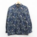 XL★古着 長袖 シャツ メンズ 魚 総柄 コットン ボタンダウン 紺【spe】 26jan29
